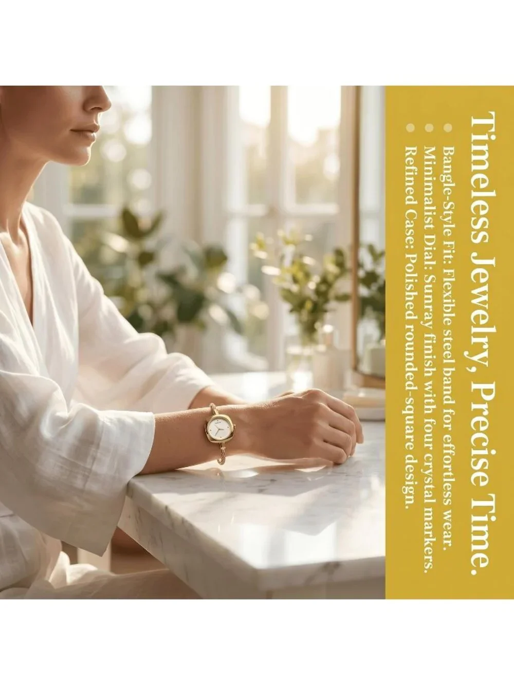 Women's Gold Crystal Accent Cable Wire Bangle Square Sunray Dial Wrist Watches